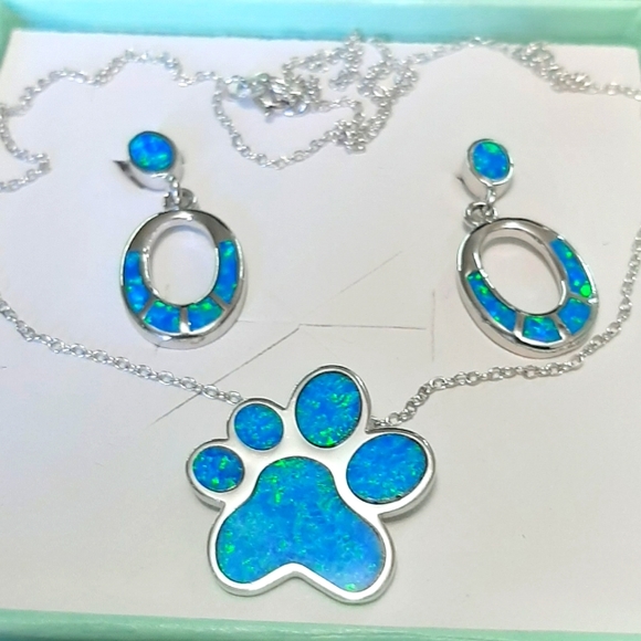 Opal Paw Necklace + Earrings Silver Set - Picture 3 of 12